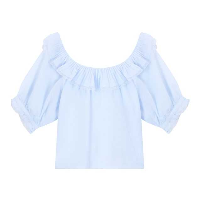 Elbow Sleeve Scoop Neck Ruffle Lace Trim Blouse