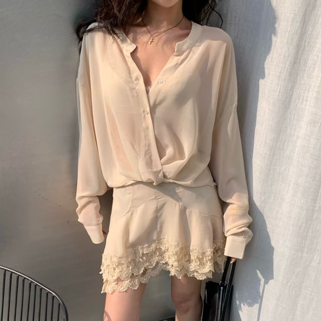 Long Sleeve V-Neck Blouse, High Waist Lace Skirt, and Bra Top Set