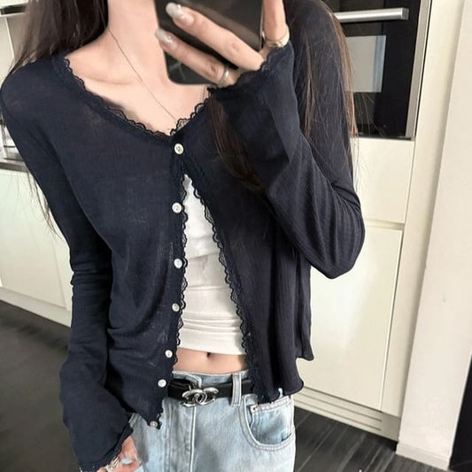 V-Neck Lace Trim Cardigan