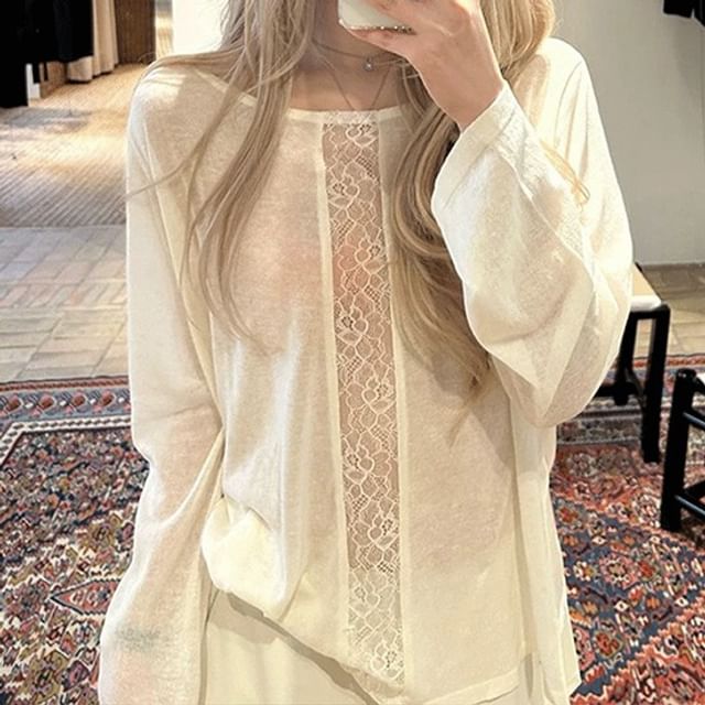 Boat Neck Long Sleeve Lace Panel Top