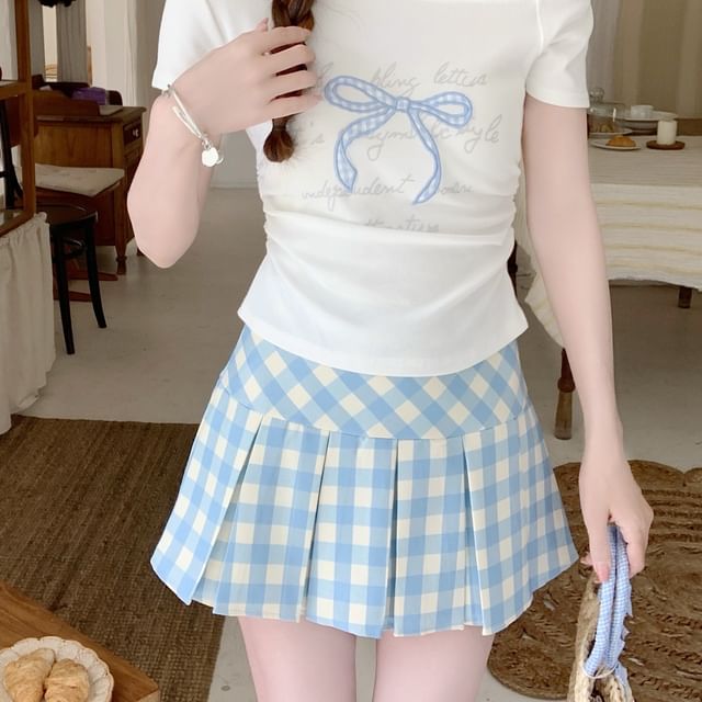 High Rise Gingham Pleated A-Line Mini Skirt