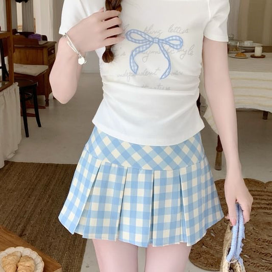 High Rise Gingham Pleated A-Line Mini Skirt