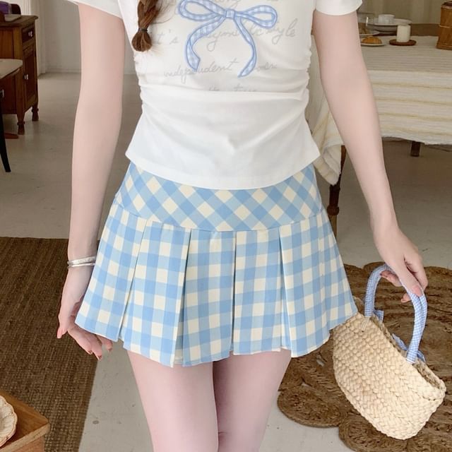 High Rise Gingham Pleated A-Line Mini Skirt
