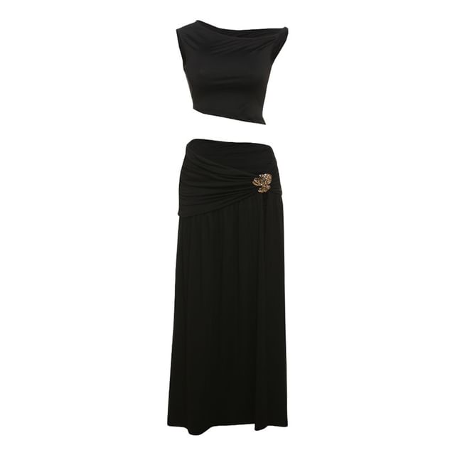 Set: Crop Top and Ruched Slit Maxi A-Line Skirt