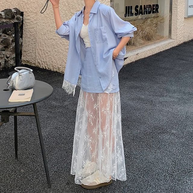 Long Sleeve Lace Panel Shirt and High Rise Maxi Skirt Set