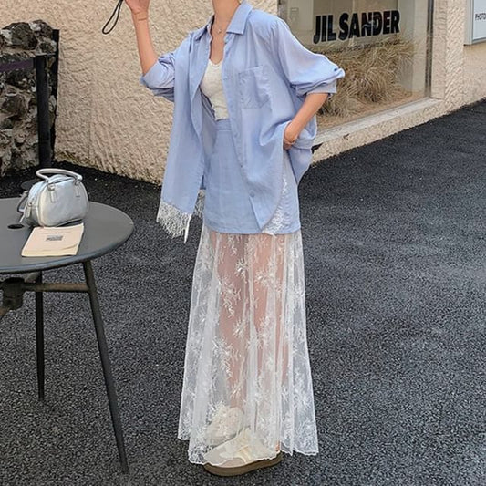 Long Sleeve Lace Panel Shirt and High Rise Maxi Skirt Set