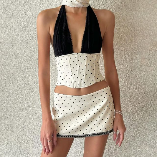 Dotted Sleeveless Corset Crop Top & Mini Skirt