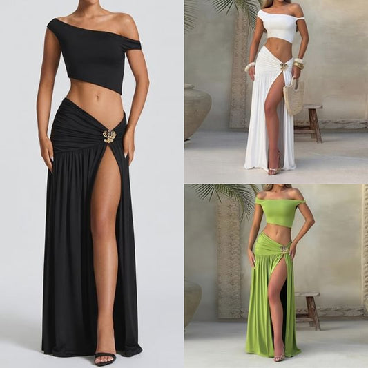 Set: Crop Top and Ruched Slit Maxi A-Line Skirt