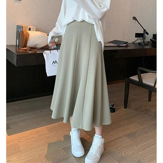 High Rise Slit Plain A-Line Midi Skirt