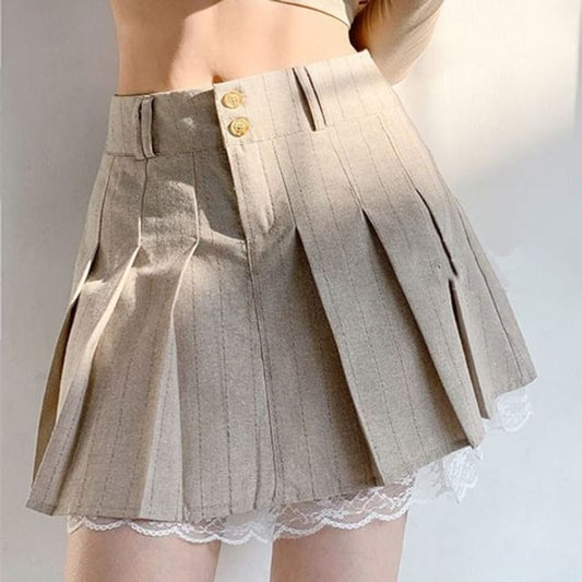 High Waist Pinstriped Lace Trim Pleated A-Line Mini Skirt