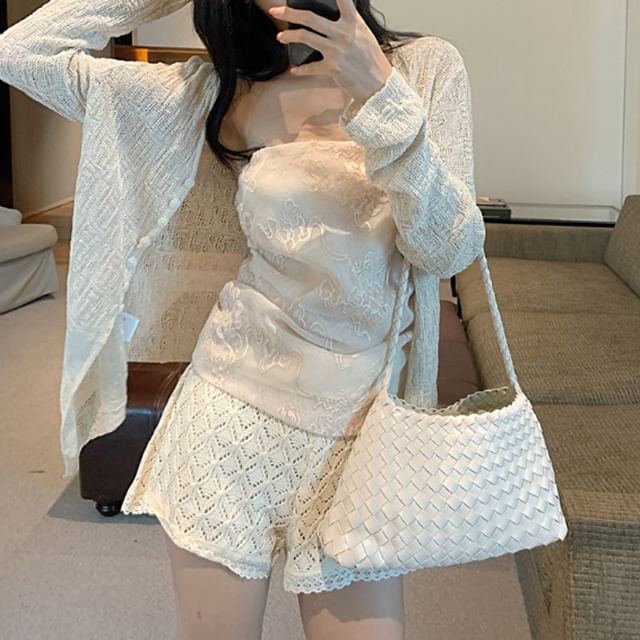 Sheer Open Front Lace Jacket with Tube Top and Shorts