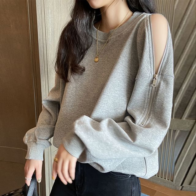 Cold-Shoulder Zip Plain Sweatshirt
