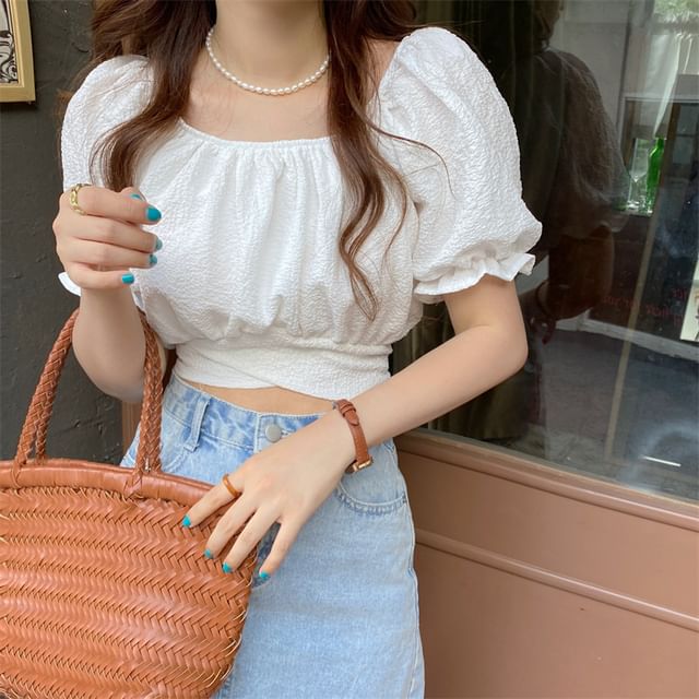 Cropped Square-Neck Puff Short-Sleeved Solid Blouse