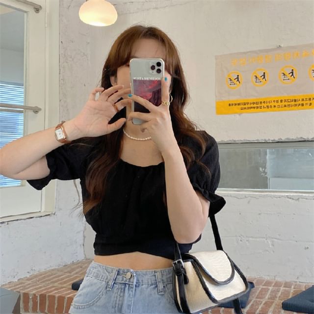 Cropped Square-Neck Puff Short-Sleeved Solid Blouse