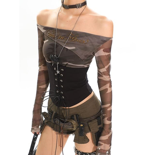 Off-Shoulder Camo Lace-Up Mesh Top