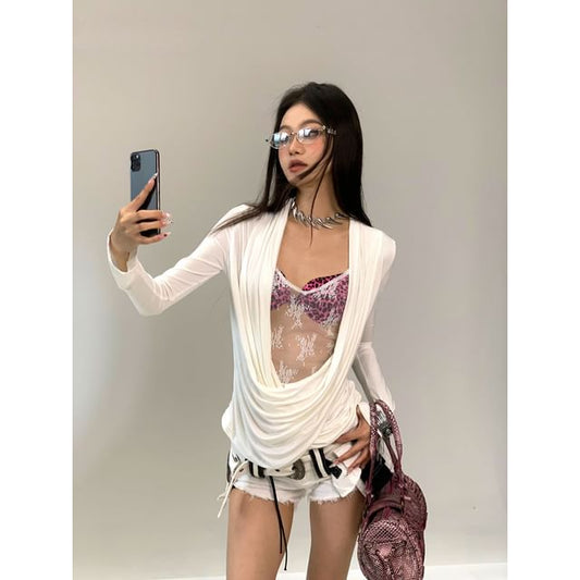 Long Sleeve Ruched Lace Panel T-Shirt