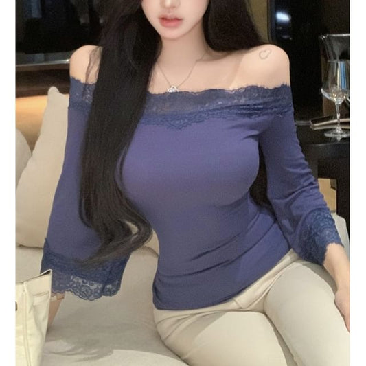 Bell Sleeve Off-Shoulder Lace Trim Slim Fit Top