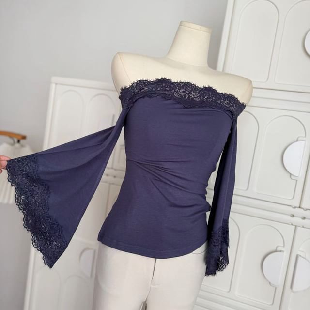Bell Sleeve Off-Shoulder Lace Trim Slim Fit Top