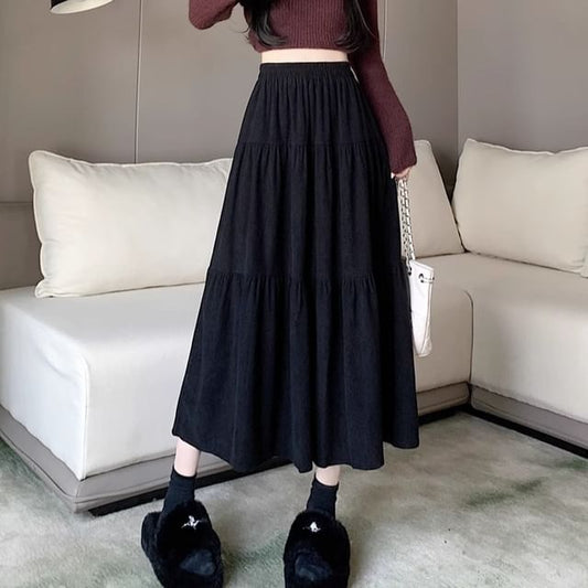 Elastic Waist Plain A-Line Midi Skirt