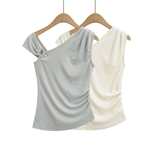 Plain Asymmetric Cap-Sleeved Top
