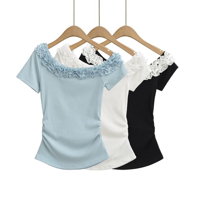 Plain Lace-Trimmed Off-Shoulder Short-Sleeved Top