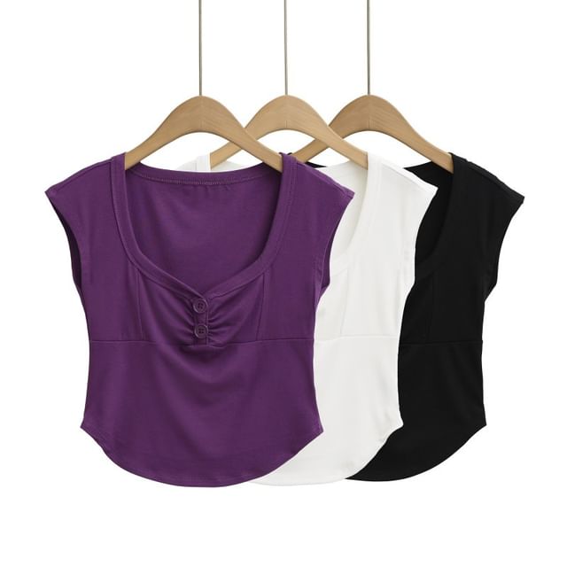 Plain Square-Necked Cap-Sleeved Crop Top