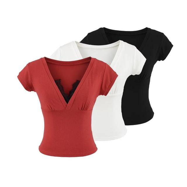 Lace-Trimmed Short-Sleeved V-Necked Top