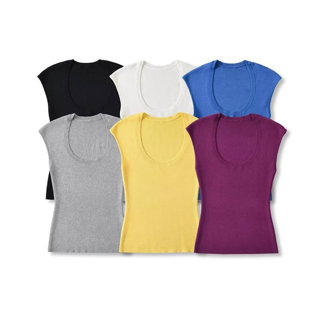 Plain Knitted Cap-Sleeved U-Necked Top