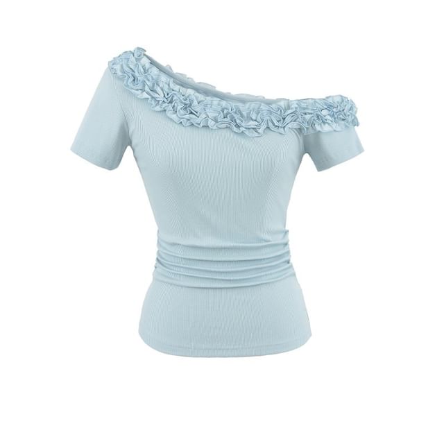 Plain Lace-Trimmed Off-Shoulder Short-Sleeved Top