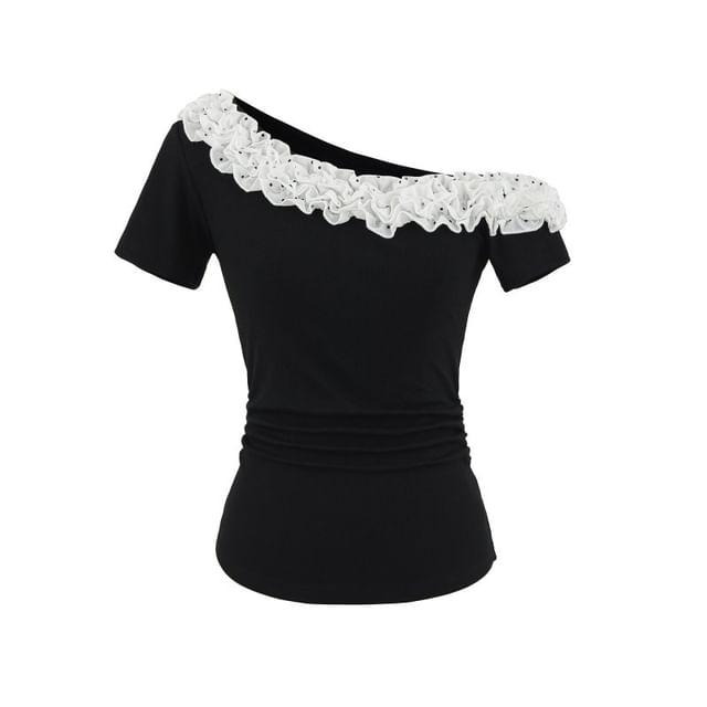 Plain Lace-Trimmed Off-Shoulder Short-Sleeved Top