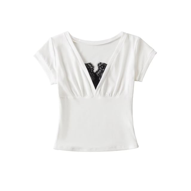 Lace-Trimmed Short-Sleeved V-Necked Top