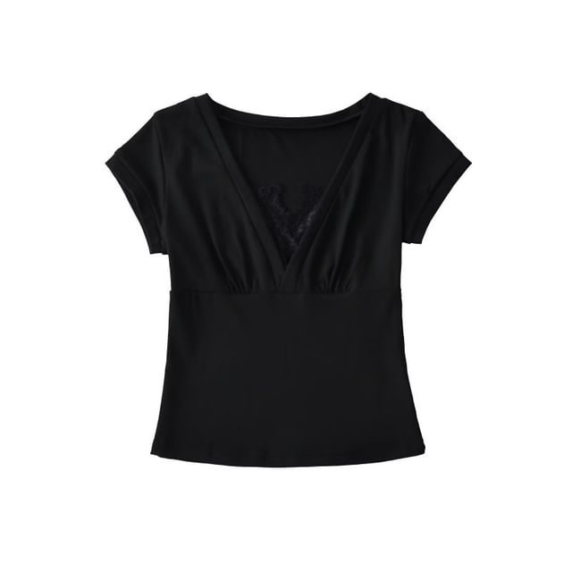 Lace-Trimmed Short-Sleeved V-Necked Top
