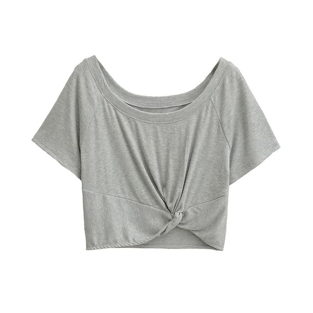 Knot-Front Scooped-Neck Short-Sleeved Crop Tee