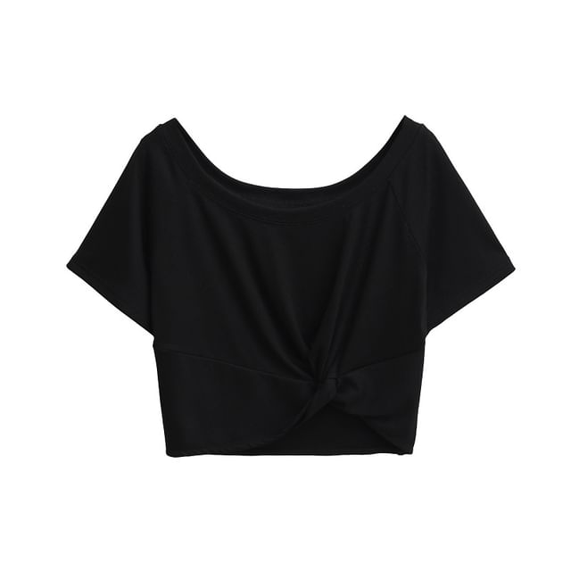 Knot-Front Scooped-Neck Short-Sleeved Crop Tee