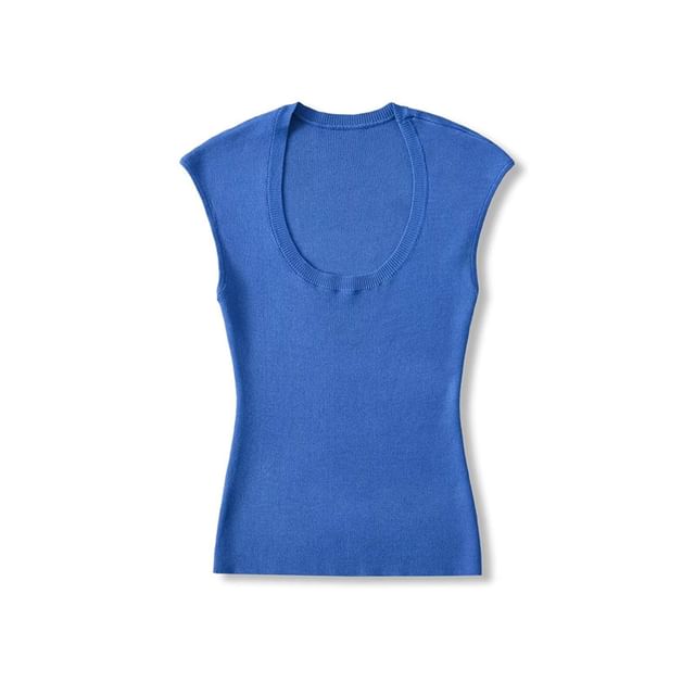 Plain Knitted Cap-Sleeved U-Necked Top