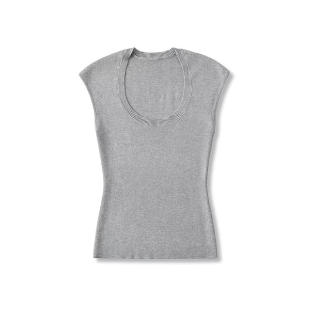 Plain Knitted Cap-Sleeved U-Necked Top