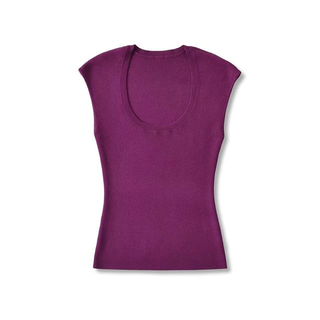 Plain Knitted Cap-Sleeved U-Necked Top