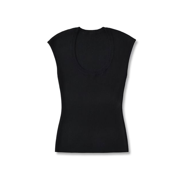 Plain Knitted Cap-Sleeved U-Necked Top