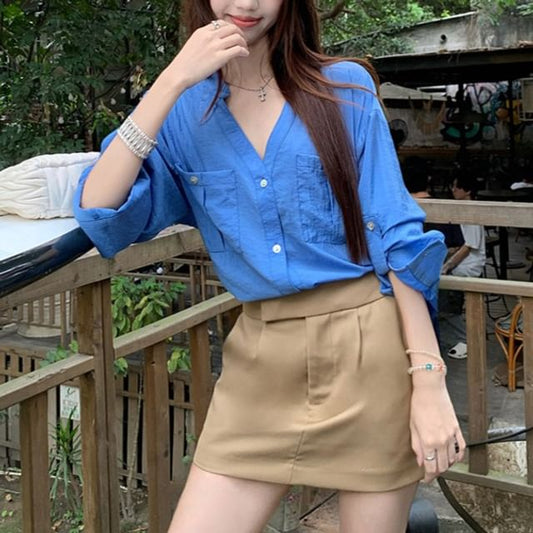 Loose-Fit V-Neck Shirt and Mini A-Line Skirt