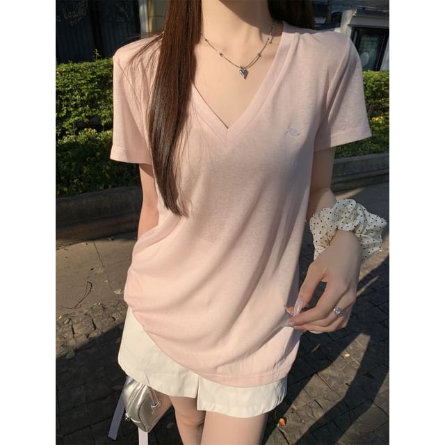 V-Neck Short-Sleeved Plain Loose-Fit Tee