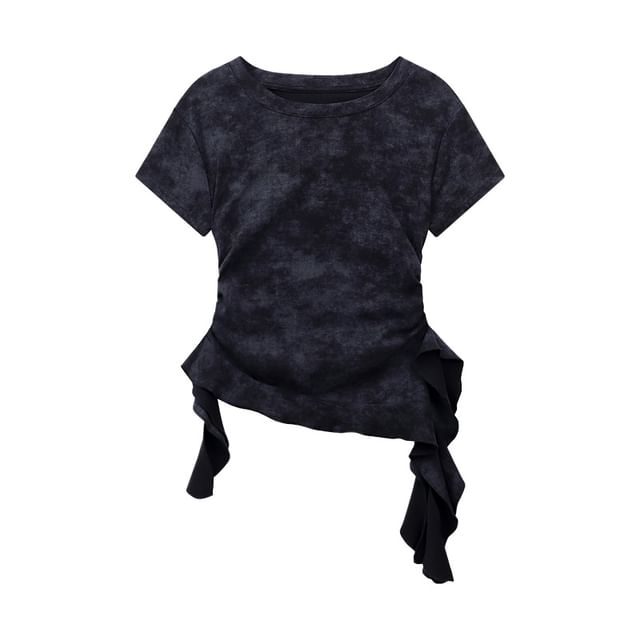 Round-Neck Short-Sleeved Ruffle-Hem Slim Top