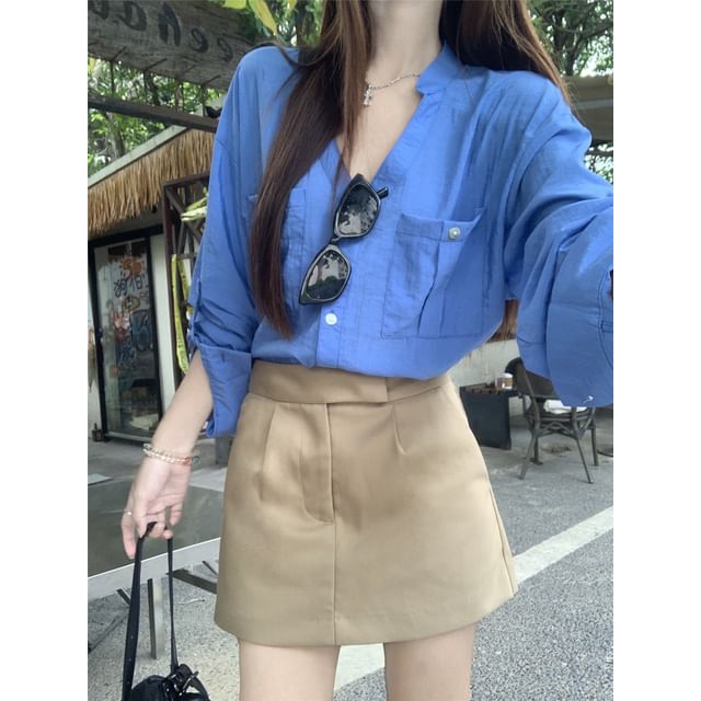 V-Neck Long-Sleeved Loose Shirt & Mini A-Line Skirt Set