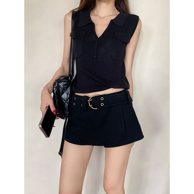 Low Waist Belt Accent Plain A-Line Mini Skirt