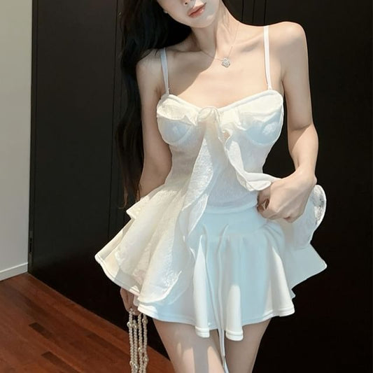 Ruffle Trim Slit Lace Flowy Camisole and Drawstring Skort Set