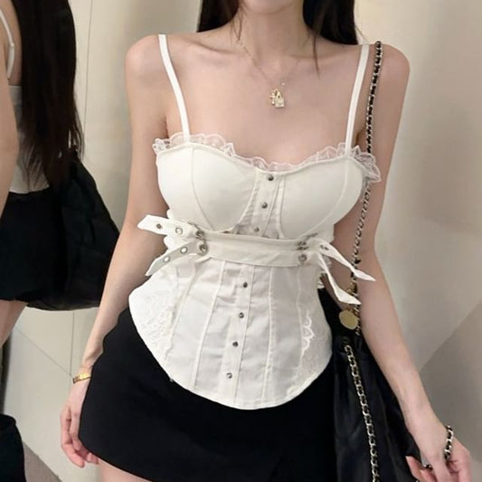 Lace Panel Belted Open Back Slim Crop Camisole Top