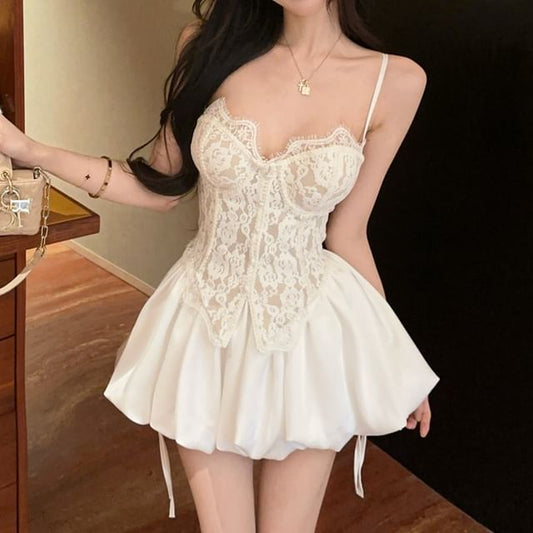 Padded Slit Lace Crop Tube Top and High Waist Bubble Hem Skort