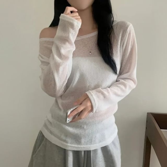 Off-Shoulder Asymmetric-Neck Long-Sleeved Knit Top