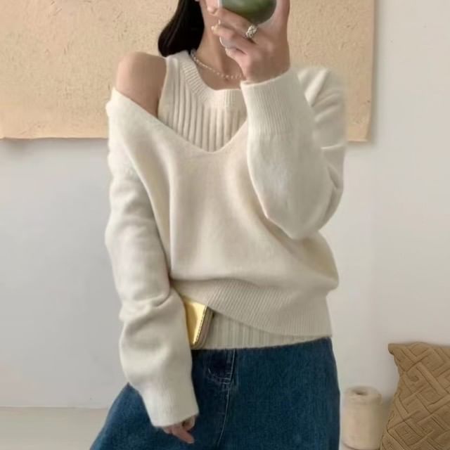 Ribbed Knit Tank & V-Neck Sweater Set