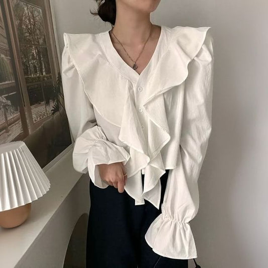Ruffle-Trim V-Neck Long-Sleeved Solid Blouse