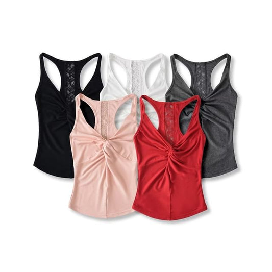 V-Neck Lace Panel Ruched Racerback Crop Tank